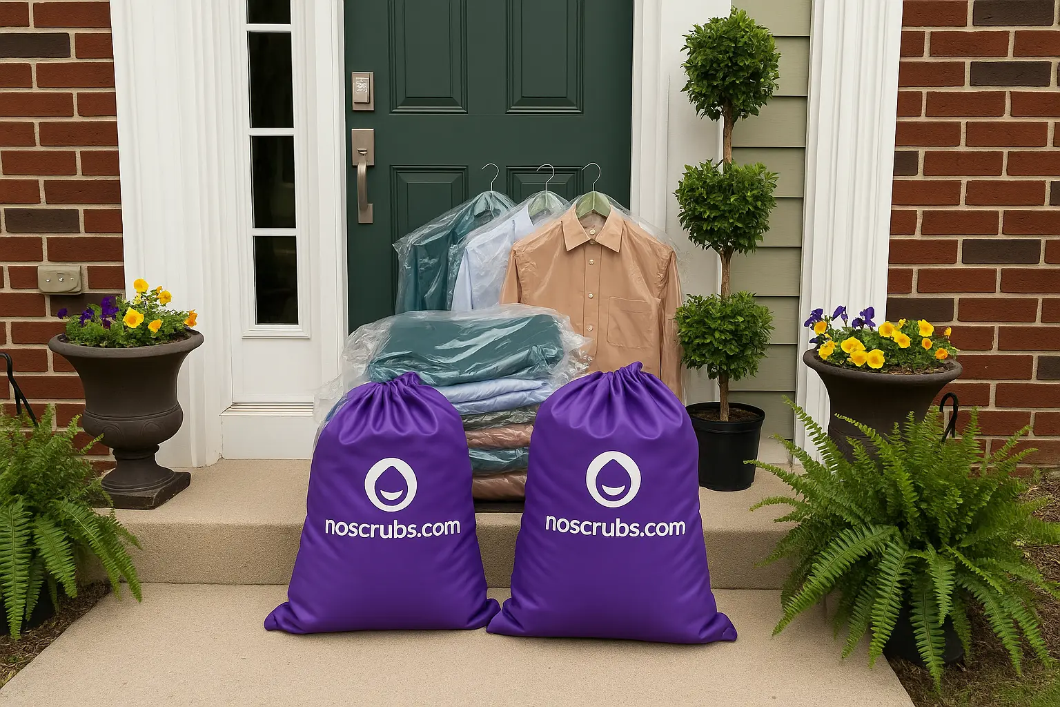 NoScrubs laundry bags with freshly washed garments outside a business entrance