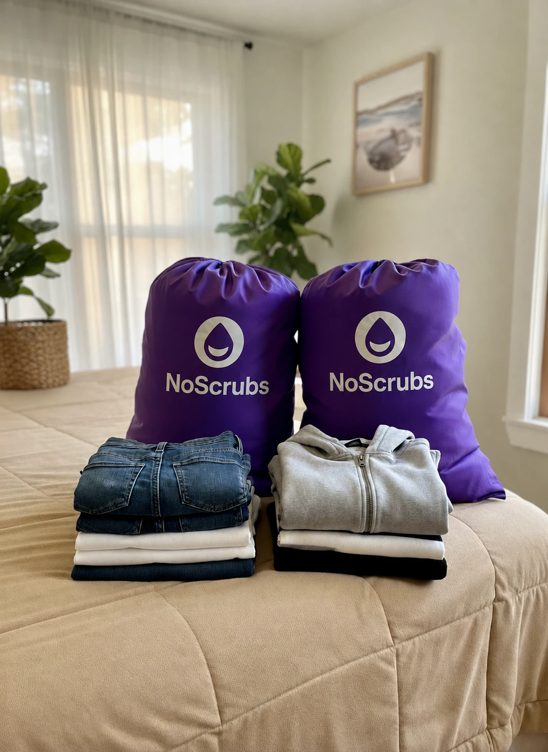 Two NoScrubs laundry bags and folded clothes on a bed
